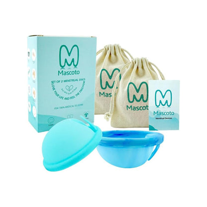 Set of Reusable Menstrual Discs (Small and Large) with bag, box, and manual